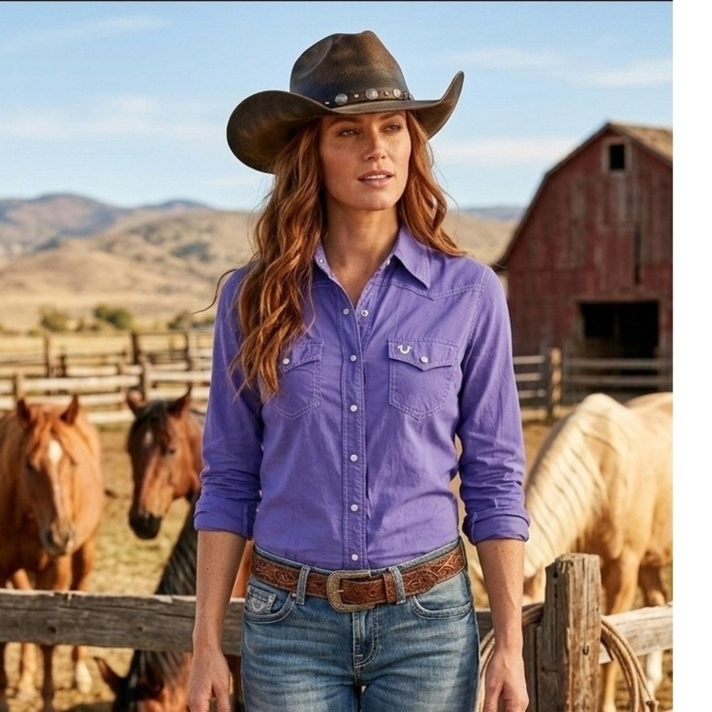 True Religion XS Womens West Cryst Shirt Purple‎ Rayon Western Button Down